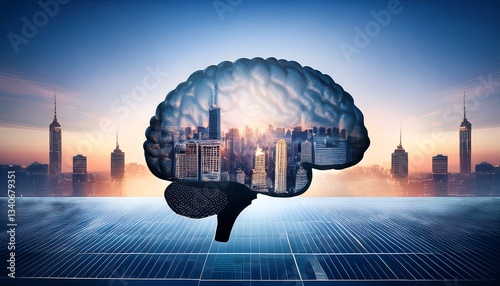 A thought-provoking double exposure showcasing a human brain seamlessly merged with a vibrant city skyline, symbolizing the profound impact of knowledge in shaping our modern world