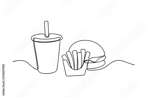 Continuous Line Drawing Fast Food, Burger, Fries, Soda, Meal