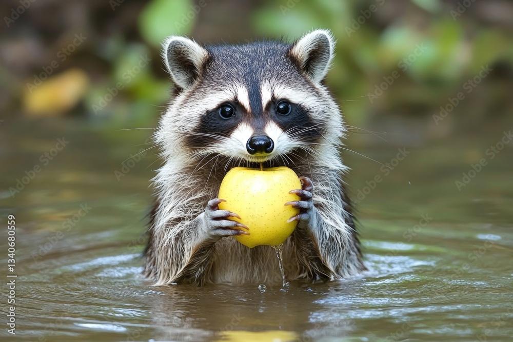 Obraz premium Raccoon holding a yellow apple in calm water surrounded by greenery during daytime