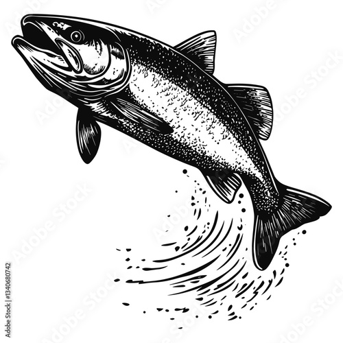 Wild trout leaping out of water art illustration drawing vector