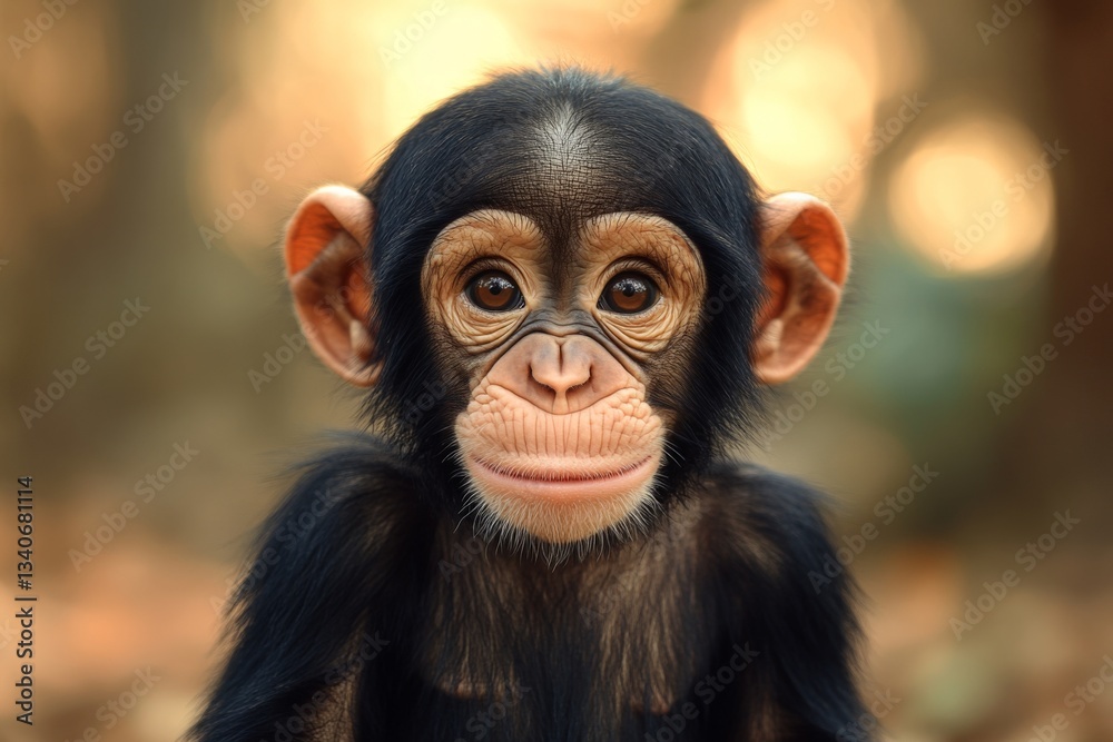Cute young chimpanzee gazes curiously at the camera in a forest setting during golden hour sunlight