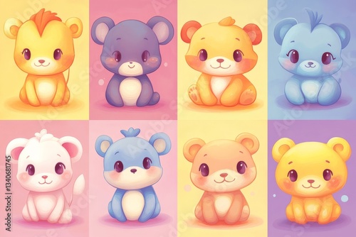 Cute and colorful cartoon animals in pastel colors for children's decor and art