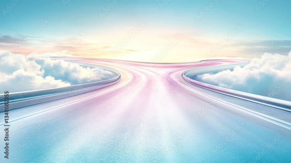 Naklejka premium Twisting scenic drive floating road travel guide serene nature panoramic views