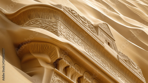 A surreal sandstone temple, partially buried in golden dunes, emerging from the sands like a forgotten relic