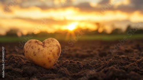 Heart-shaped potato in fresh soil, sunset lighting, agriculture, farming concept, Earth Day, organic produce, sustainability, nature love, healthy eating.