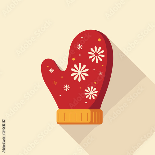 Festive red mitten with snowflakes on flat background, winter warmth