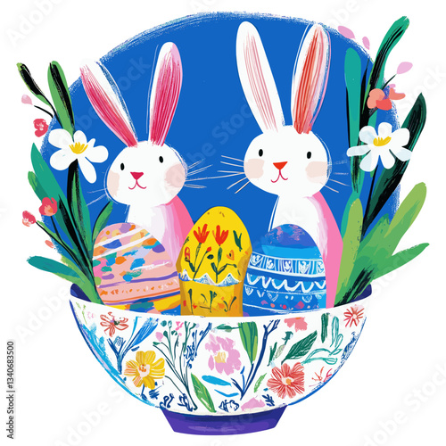 Rabbits and colorful easter eggs flowers bowl illustration vector