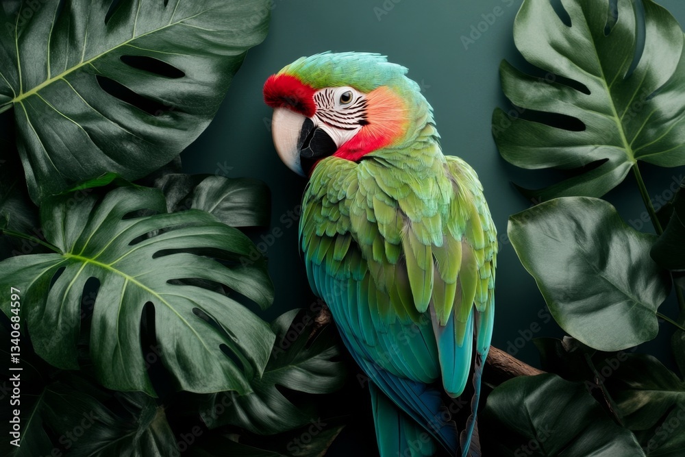 Obraz premium A parrot with vibrant green and blue feathers perched on a branch, surrounded by tropical leaves