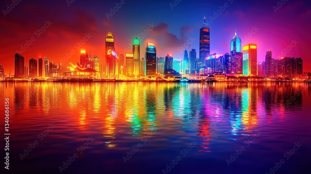 Fototapeta premium Vibrant Cityscape at Night: A Colorful Reflection