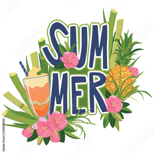 Vector sticker with bottle of rum, pineapple and flowers. Tropical vacation emblem. Illustration for beach bar menu. Cruise vacation, summer holidays, party, cafe.