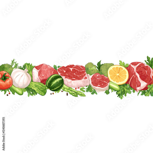 Fresh vegetable and meat line horizontal border illustration food art vector