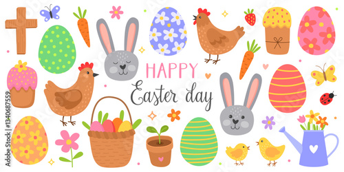 Collection of colorful illustrations for Easter day. 
Bunny, Easter eggs, hen, chicks, basket, cupcake, spring flowers, butterflies. Cute vector illustation.