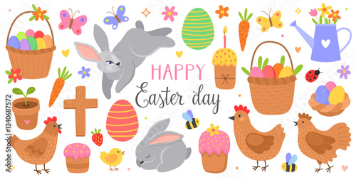 Collection of colorful illustrations for Easter day. 
Bunny, Easter eggs, hen, chicks, basket, cupcake, spring flowers, butterflies. Cute vector illustation.