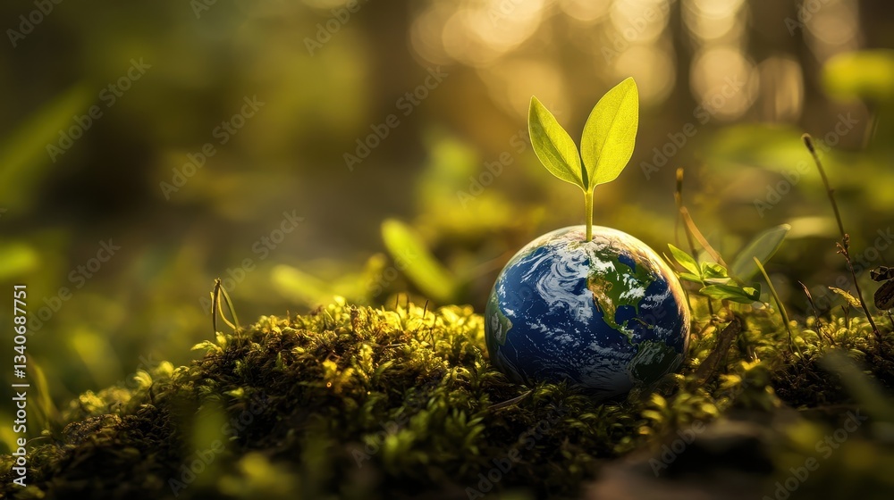 Miniature globe with sprouting plant on moss, symbolizing Earth Day, environmental awareness, sustainability, nature conservation, and global eco-friendliness. Miniature globe with sprouting plant on moss, symbolizing Earth Day, environmental awareness, sustainability, nature conservation, and global eco-friendliness.