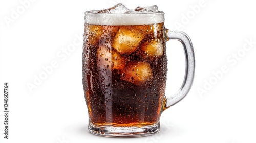 Classic root beer in a frosty mug, isolated on a white background.