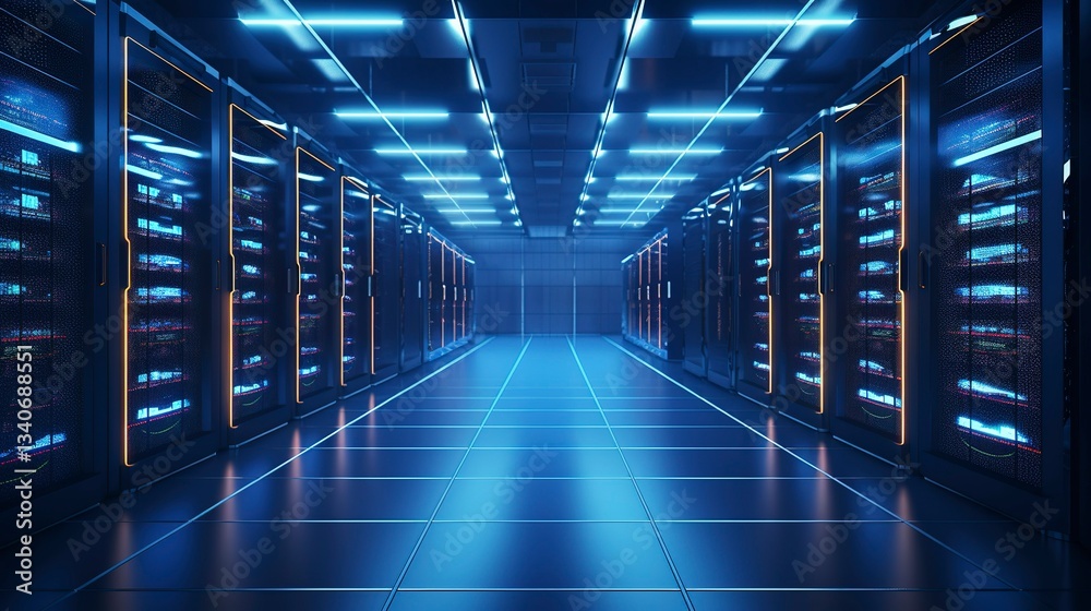 Obraz premium A photo of a data storage facility with rows of serve