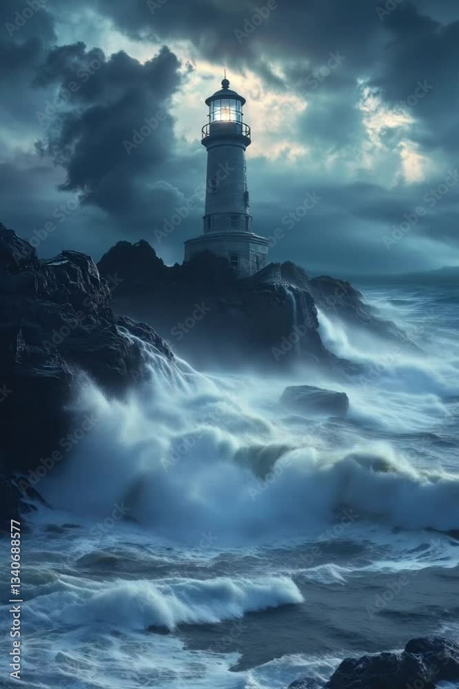 Stormy Lighthouse on Rocky Coast with Powerful Ocean Waves Stormy Lighthouse on Rocky Coast with Powerful Ocean Waves
