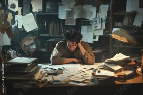 Exhausted researcher with burnout at a cluttered desk full of papers