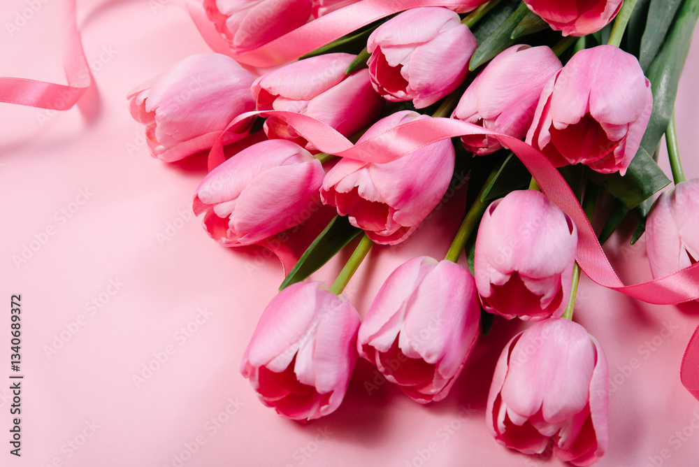 Mothers day, Valentines Day, Birthday celebration concept. Greeting card. Beautiful Bouquet of pink delicate tulips. Copy space for text, top view. Spring background. March 8, International Womens Day Mothers day, Valentines Day, Birthday celebration concept. Greeting card. Beautiful Bouquet of pink delicate tulips. Copy space for text, top view. Spring background. March 8, International Womens Day