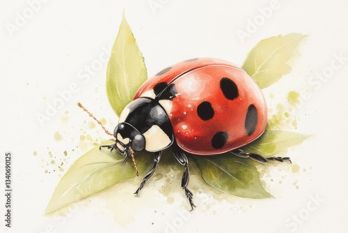 A soft watercolor painting of a magnified ladybug resting on a leaf, with subtle blending of red, black, and green tones