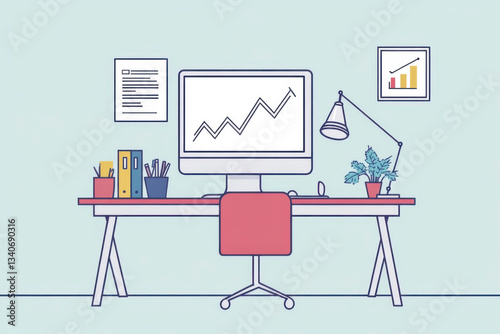 Minimalist vector illustration of a workspace with computer displaying growth chart on desk