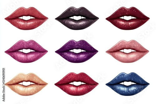 Set of glossy lips with glitter texture, isolated colorful lipstick kiss marks on white background, fashion and beauty makeup illustration