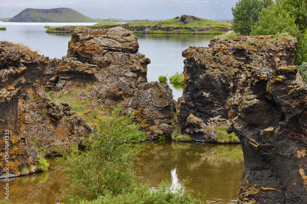 Icelandic landscape. Calm waters and lava formations. Myvatn. Iceland