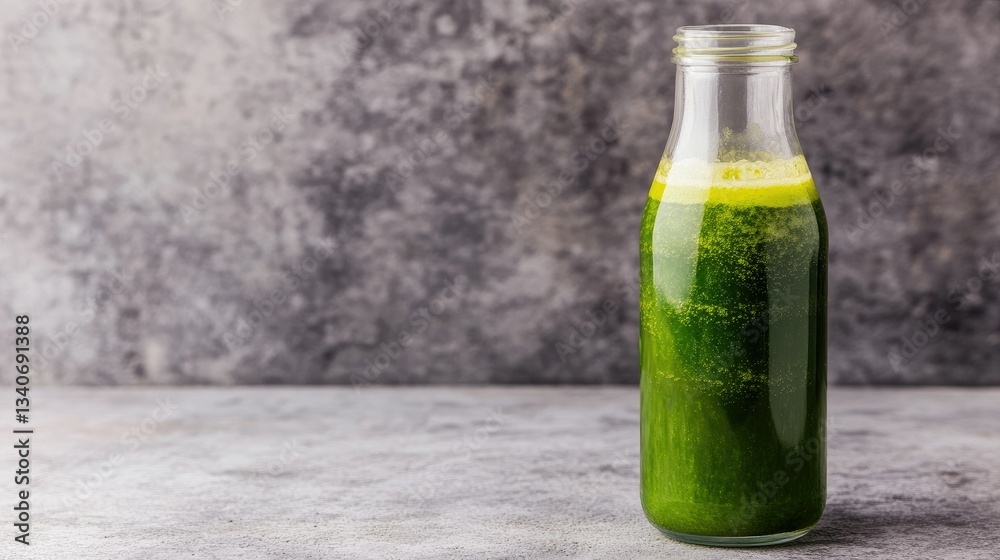 Freshly squeezed green juice with kale, cucumber, apple, and lemon, served in a glass bottle with a minimalist background, highlighting health and wellness Freshly squeezed green juice with kale, cucumber, apple, and lemon, served in a glass bottle with a minimalist background, highlighting health and wellness