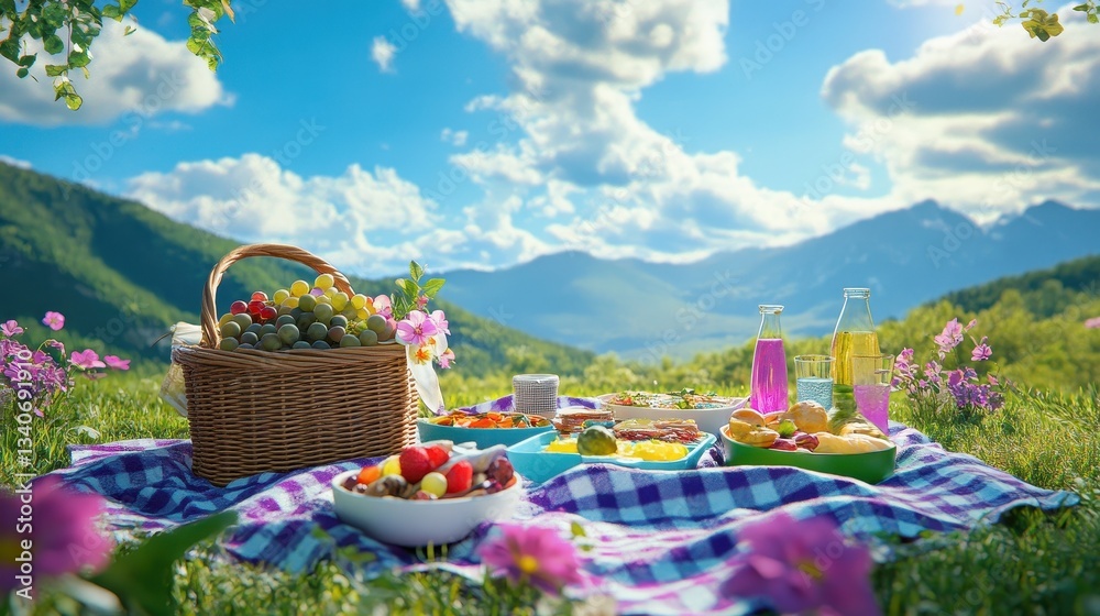 Fototapeta premium Picnic basket filled with fruits, snacks, and drinks on a checkered blanket in scenic nature, perfect for summer outings, outdoor gatherings, or family celebrations.