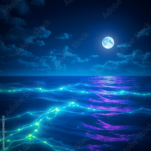 The moonlit sea, clouds, moon, and stars have an otherworldly appearance with soft focus and a hazy background art illustration design