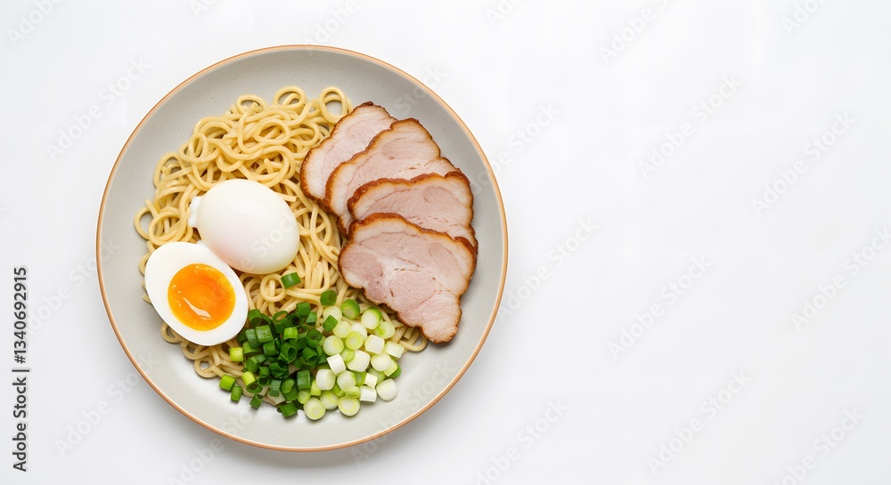 Traditional Ramen Bowl with Noodles, Sliced Pork, Soft-Boiled Egg, and Green Onions, Stock Photography, Food Menu items top down view, Healthy Diet, on a plain white Background Traditional Ramen Bowl with Noodles, Sliced Pork, Soft-Boiled Egg, and Green Onions, Stock Photography, Food Menu items top down view, Healthy Diet, on a plain white Background