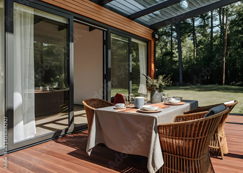 Modern Outdoor Dining on a Stylish Wooden Terrace with Lush Garden View