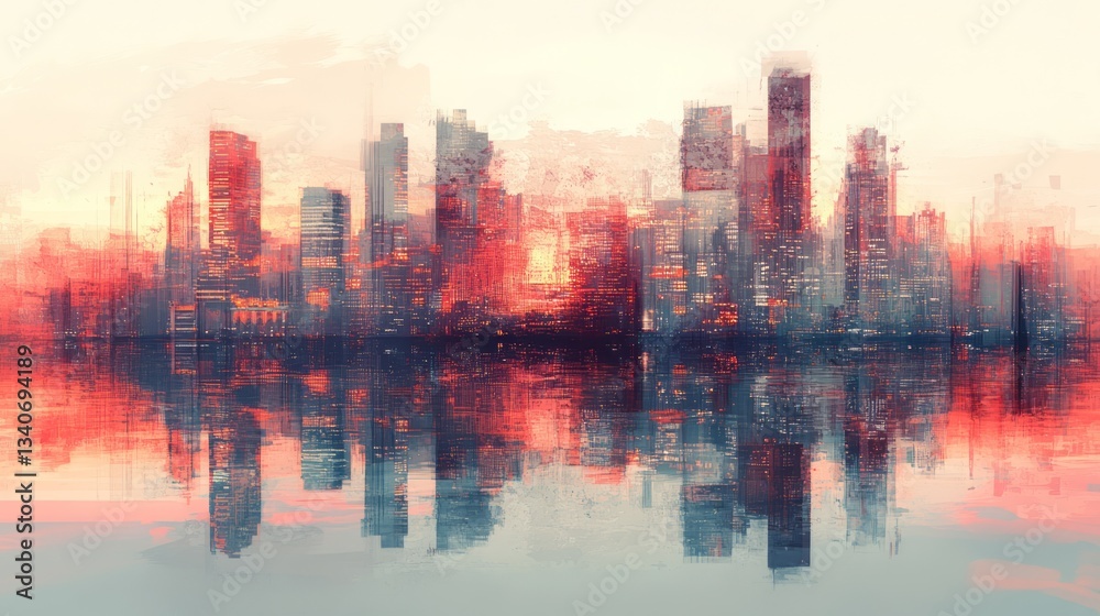 Obraz premium Artistic rendering of a city skyline with water reflection