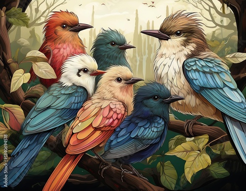 Colorful birds showing symptoms of paresis syndrome perched on branch