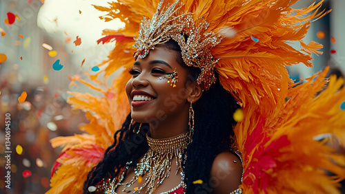 A joyful Afro-Caribbean carnival scene with dancers in elaborate feathered costumes twirling on the streets of Trinidad