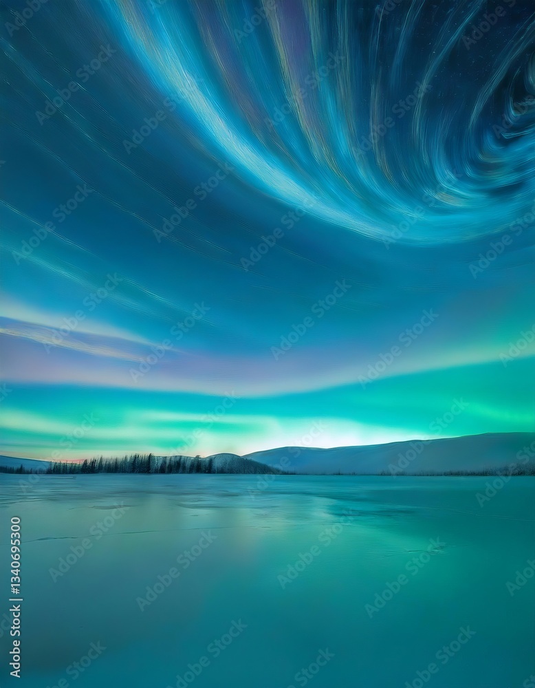 Obraz premium Frozen lake reflecting stunning aurora borealis in winter night sky