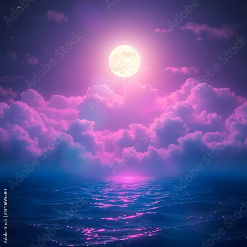 The moonlit sea, clouds, moon, and stars have an otherworldly appearance with soft focus and a hazy background art illustration design