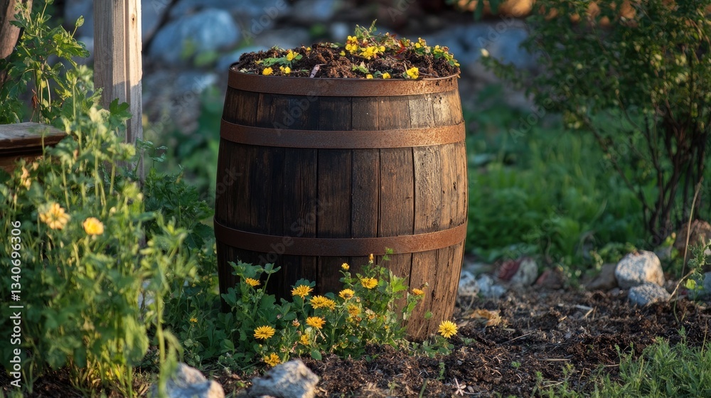 Garden Compost Barrel for Sunset Blooms. Garden Compost Barrel for Sunset Blooms.