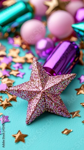 Glittering Star Ornament Celebration with Party Decorations and Aqua Blue Surface Background Design