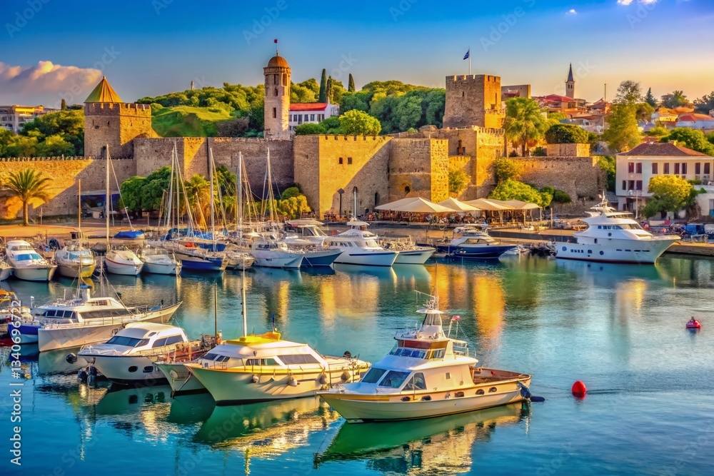 Fototapeta premium Rhodes Port: Yachts, Boats, and the Aegean Sea in Sharp Focus