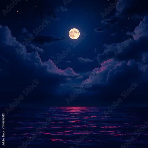 The moonlit sea, clouds, moon, and stars have an otherworldly appearance with soft focus and a hazy background art illustration design