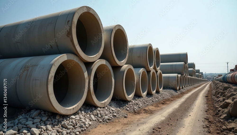 Concrete pipes arranged on construction site with clear blue sky, ready for installation in infrastructure projects. Concrete pipes arranged on construction site with clear blue sky, ready for installation in infrastructure projects.