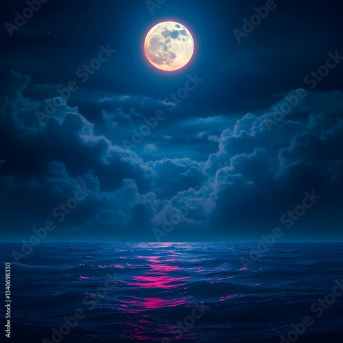 The moonlit sea, clouds, moon, and stars have an otherworldly appearance with soft focus and a hazy background art illustration design