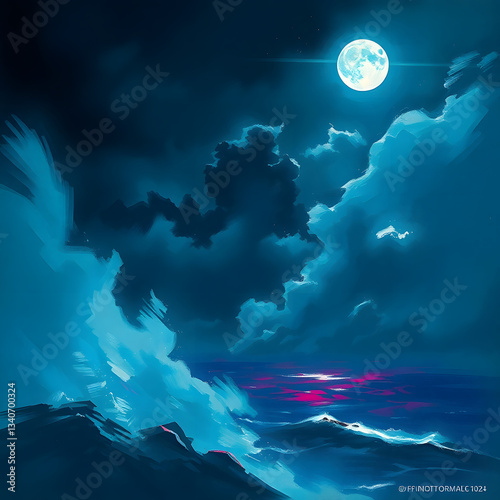 The moonlit sea, clouds, moon, and stars have an otherworldly appearance with soft focus and a hazy background art illustration design