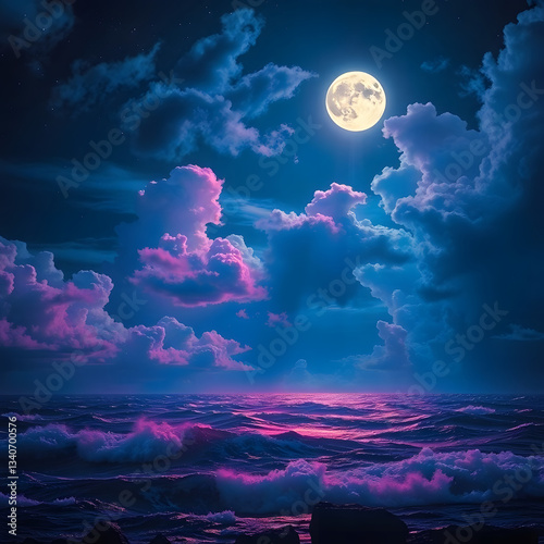 The moonlit sea, clouds, moon, and stars have an otherworldly appearance with soft focus and a hazy background art illustration design