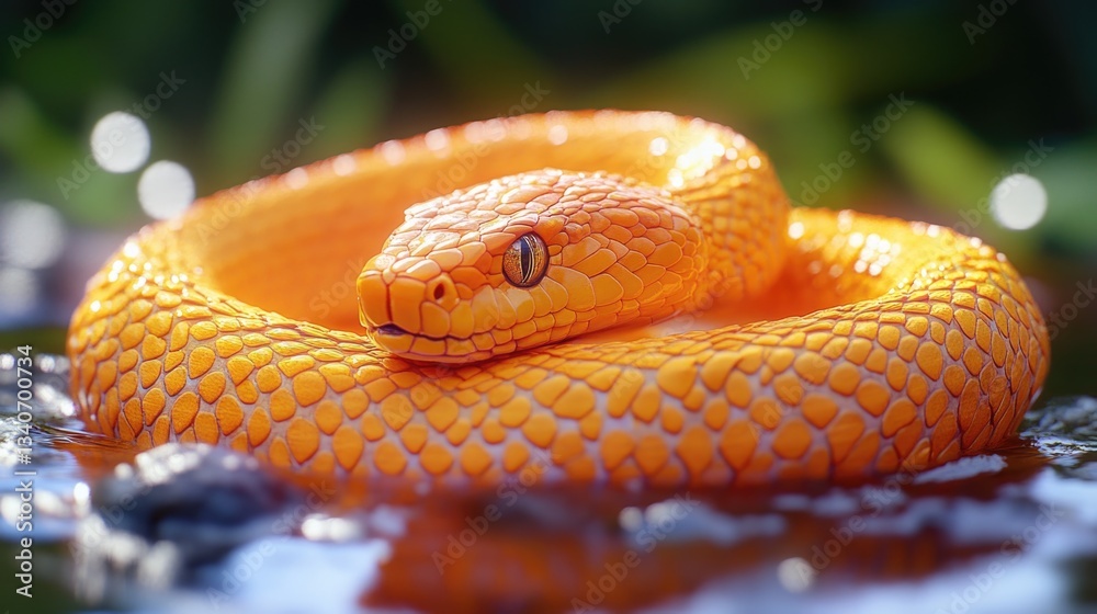 Fototapeta premium A yellow snake sits atop the surface of calm water, with ripples and reflections adding depth to the scene
