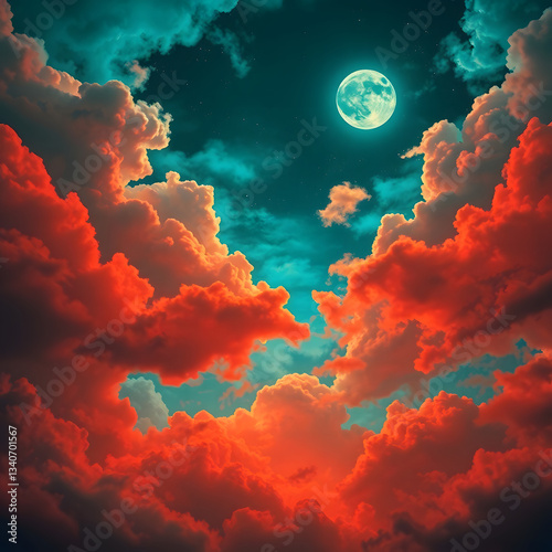 The moonlit sea, clouds, moon, and stars have an otherworldly appearance with soft focus and a hazy background art illustration design