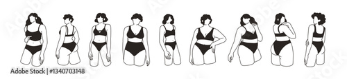 Women in lingerie set. Underwear on different female body shapes, fat and slim figures. Girls posing in bras and panties, bikini. Contoured flat vector illustrations isolated on white background
