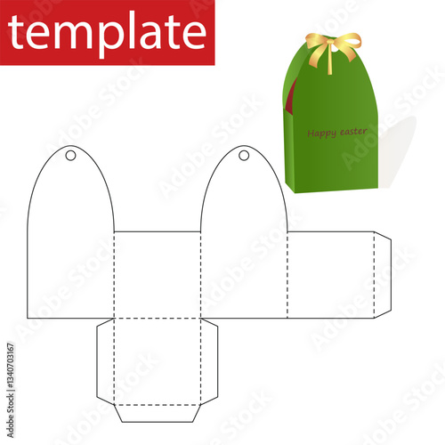 Happy Easter Gift Box template with preview in 3D format - Drawing layout with cutting lines 