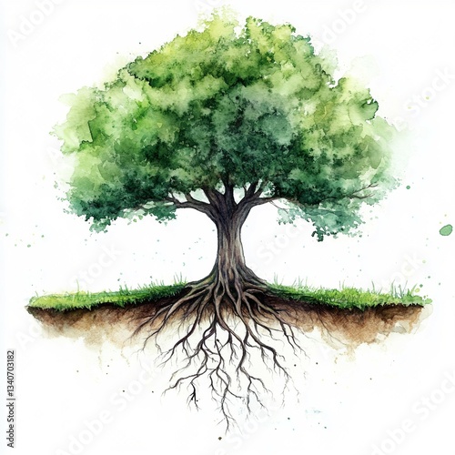 green tree on white background, green tree with roots, watercolor